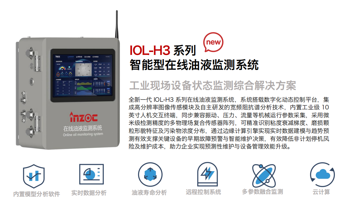 IOL-H3系列智能型在線油液監(jiān)測(cè)系統(tǒng)-工業(yè)現(xiàn)場(chǎng)設(shè)備狀態(tài)監(jiān)測(cè)綜合解決方案圖1 全新一代 IOL-H3 系列在線油液監(jiān)測(cè)系統(tǒng)，系統(tǒng)搭載數(shù)字化動(dòng)態(tài)控制平臺(tái)，集成高分辨率圖像傳感模塊及自主研發(fā)的寬頻阻抗譜分析技術(shù)，內(nèi)置工業(yè)級(jí) 10英寸人機(jī)交互終端，同步兼容振動(dòng)、壓力、流量等機(jī)械運(yùn)行參數(shù)采集，采用微米級(jí)檢測(cè)精度的多物理場(chǎng)復(fù)合傳感器陣列，可精準(zhǔn)識(shí)別粘度衰減梯度、磨損顆粒形貌特征及污染物濃度分布，通過(guò)邊緣計(jì)算引擎實(shí)現(xiàn)實(shí)時(shí)數(shù)據(jù)建模與趨勢(shì)預(yù)測(cè)有效支撐關(guān)鍵設(shè)備的早期故障預(yù)警與智能維護(hù)決策，有效降低非計(jì)劃停機(jī)風(fēng)險(xiǎn)及維護(hù)成本，助力企業(yè)實(shí)現(xiàn)預(yù)測(cè)性維護(hù)與設(shè)備管理效能升級(jí)。